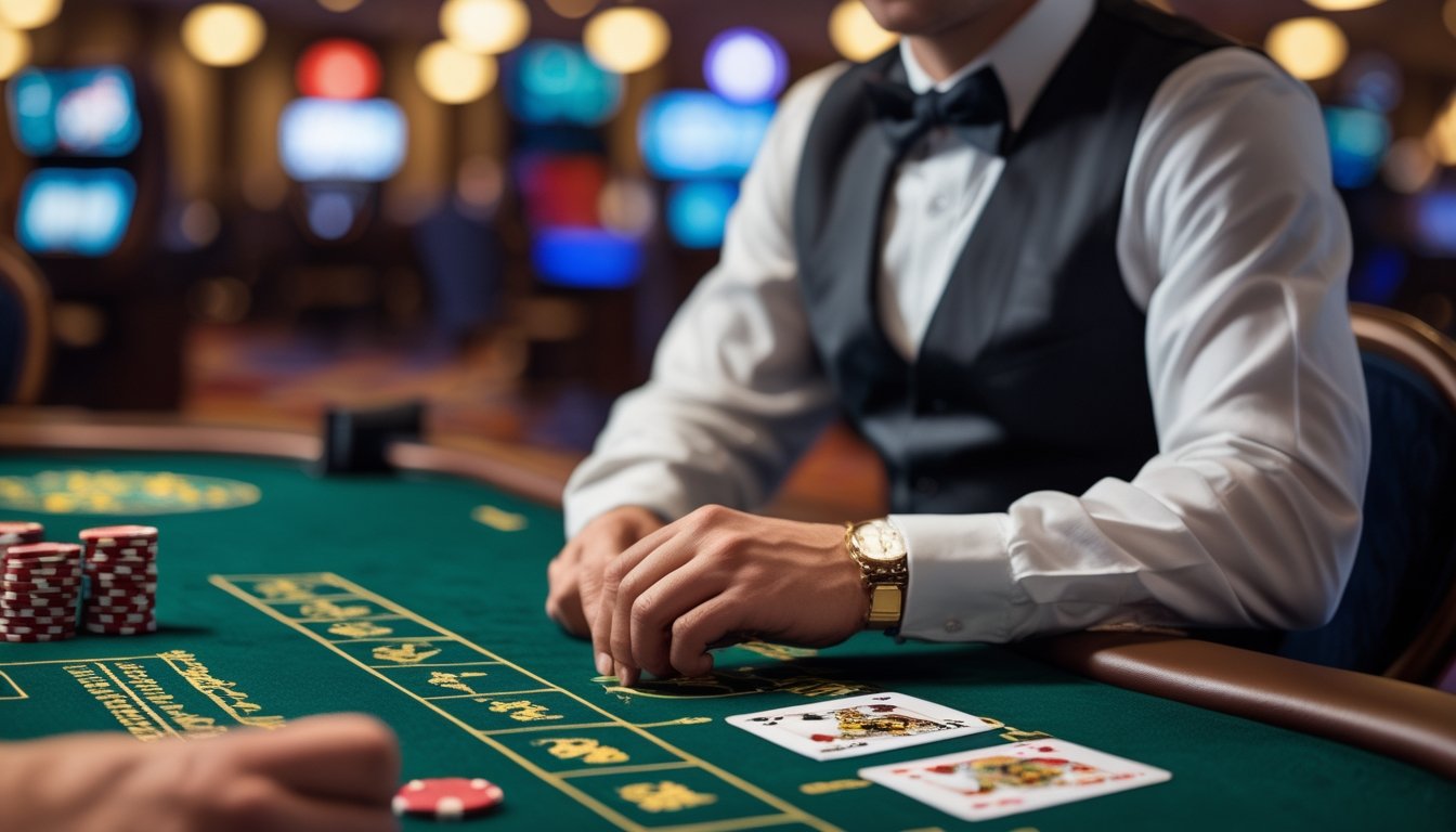 Seorang pemain blackjack di kasino sedang meletakkan taruhan tambahan di meja permainan dengan dealer memperhatikan.