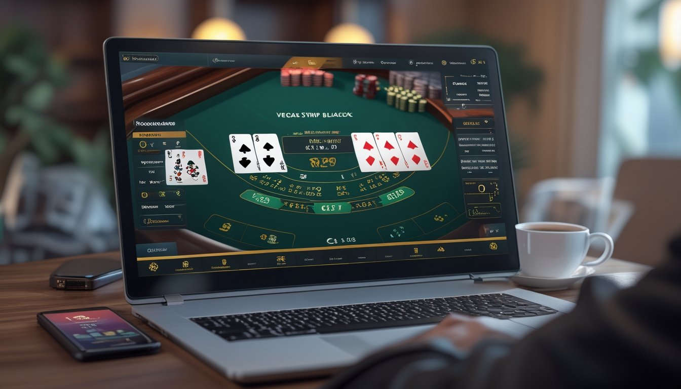 Seseorang menggunakan komputer untuk bermain blackjack Vegas Strip secara online dengan kartu dan chip di layar, di meja dengan suasana nyaman dan alat tulis di sekitar.