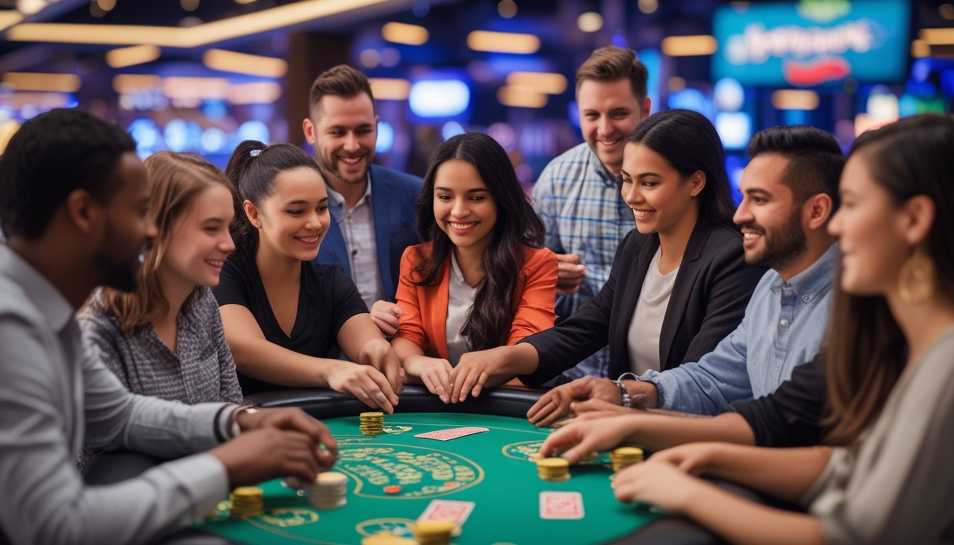 Sekelompok pemain pemula sedang bermain blackjack di meja kasino dengan dealer yang ramah di latar belakang lampu dan suasana Las Vegas Strip.