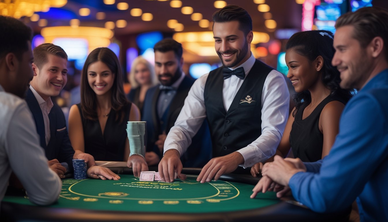 Orang-orang bermain blackjack di meja kasino dengan dealer di latar belakang lampu neon dan suasana kasino di Vegas Strip.