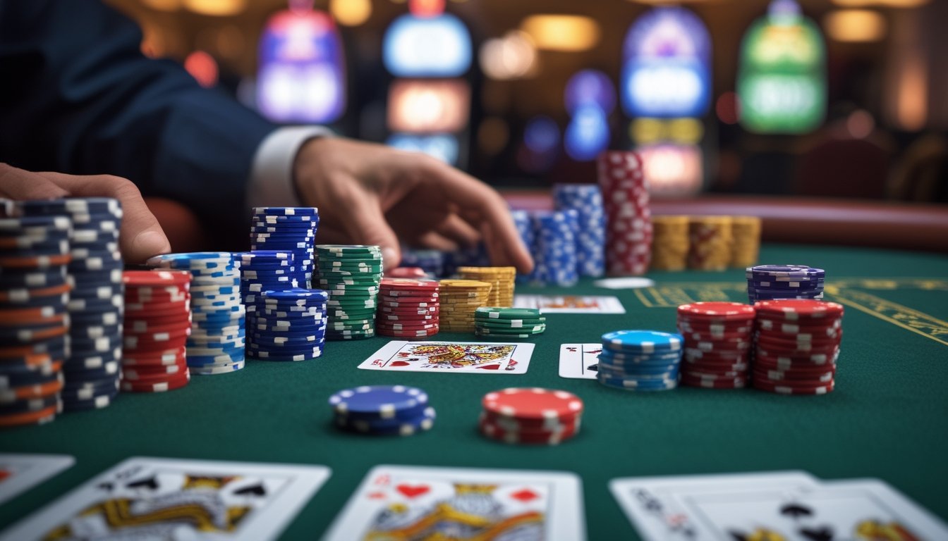 Tangan pemain sedang menyusun tumpukan chip poker di meja blackjack di kasino dengan kartu blackjack terlihat di meja.