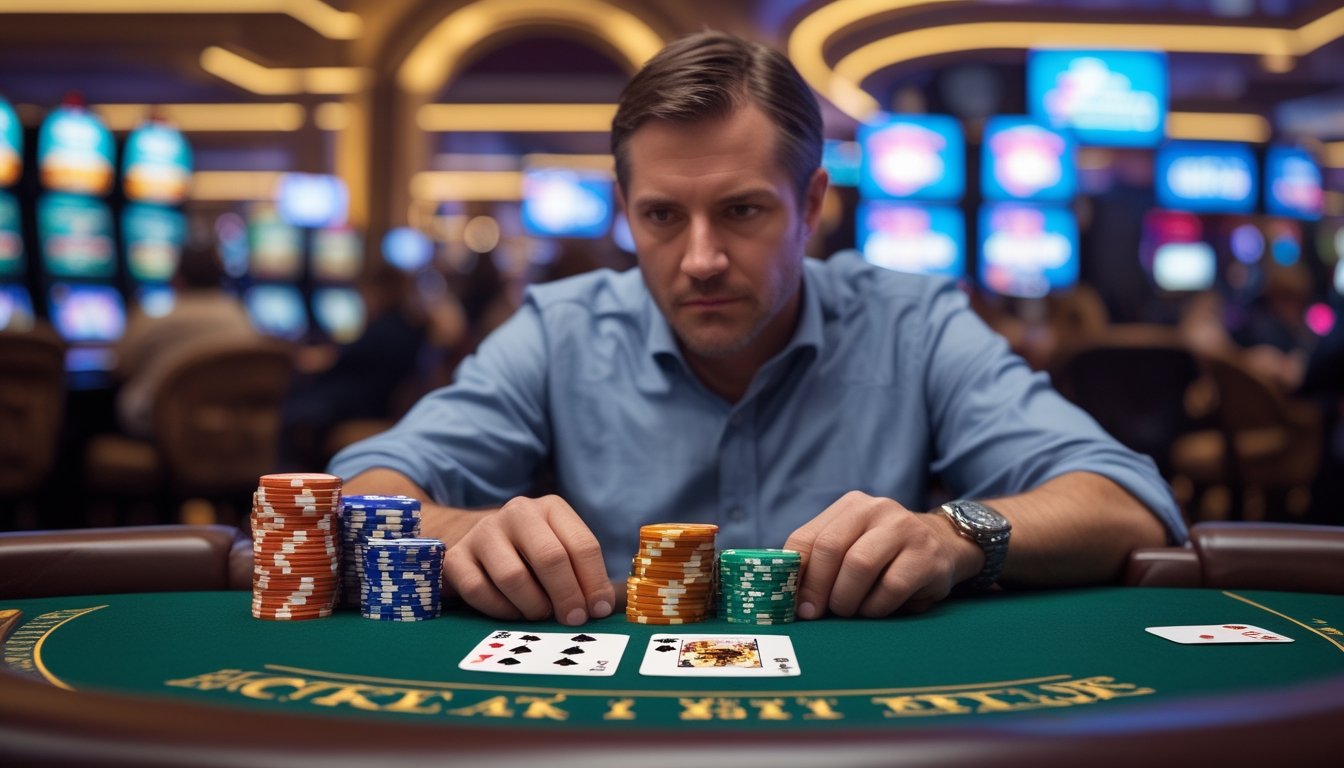 Seorang pria dewasa duduk di meja blackjack di kasino Vegas Strip, mengatur tumpukan chip dengan fokus.