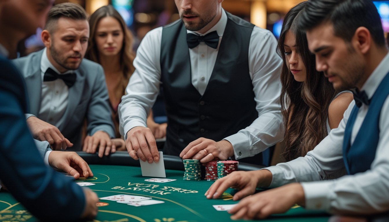 Beberapa pemain sedang bermain blackjack di meja kasino dengan ekspresi serius dan fokus, dealer membagikan kartu di meja hijau.