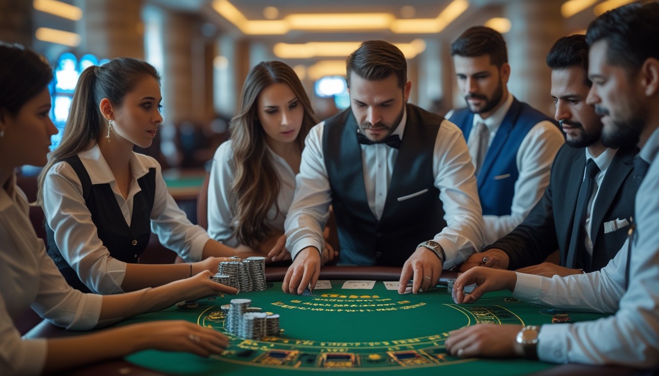 Meja blackjack dengan beberapa pemain dan dealer sedang bermain di kasino, menunjukkan suasana tegang dan fokus.