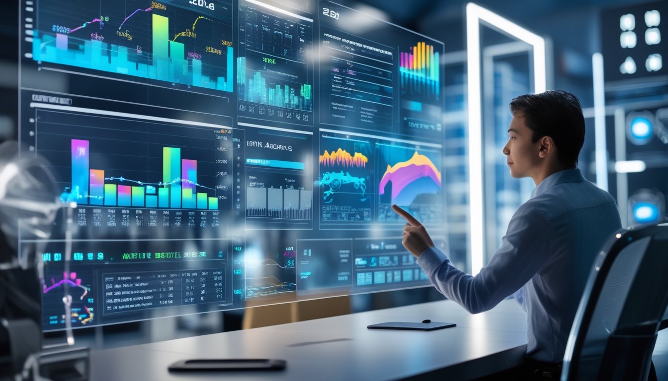 Seseorang sedang menganalisis data performa kuda pacu menggunakan layar digital futuristik di sebuah ruang kerja modern.