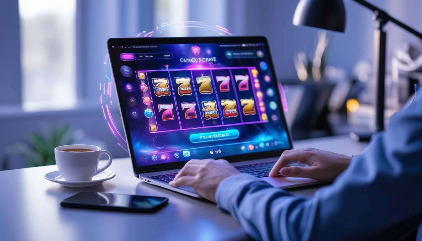 Seorang pengguna sedang bermain permainan slot online di laptop di meja kerja yang rapi dengan ponsel dan secangkir kopi di sampingnya.