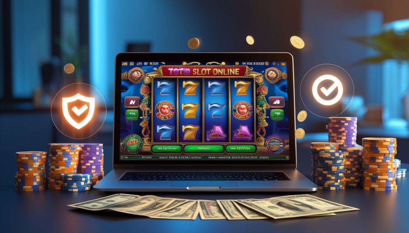 Seorang pria menggunakan laptop dengan tampilan permainan slot online berwarna-warni di layar, dikelilingi oleh chip kasino dan simbol kepercayaan di meja kerja yang rapi.