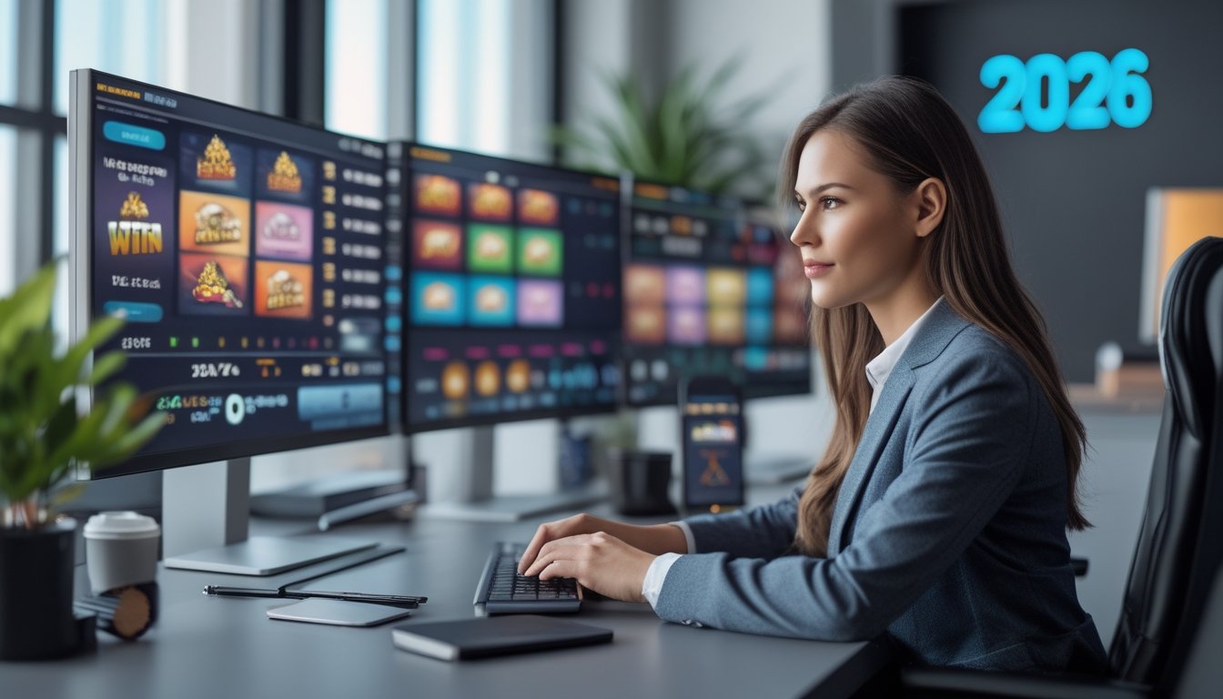 Seorang wanita muda duduk di depan beberapa monitor komputer yang menampilkan permainan slot dan grafik statistik di sebuah kantor modern.