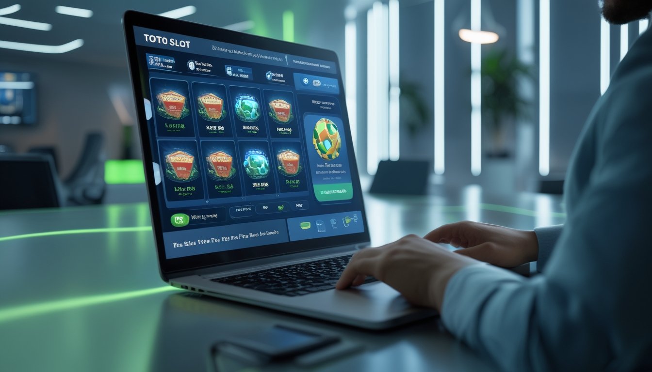 Seseorang menggunakan laptop di kantor modern dengan ikon mesin slot dan simbol keamanan digital di layar.