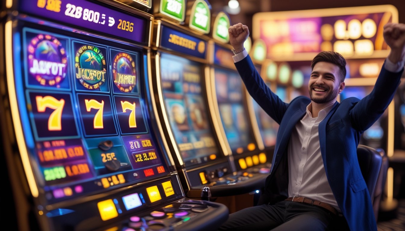 Seorang pemain sedang merayakan kemenangan besar di mesin slot progresif di kasino modern.