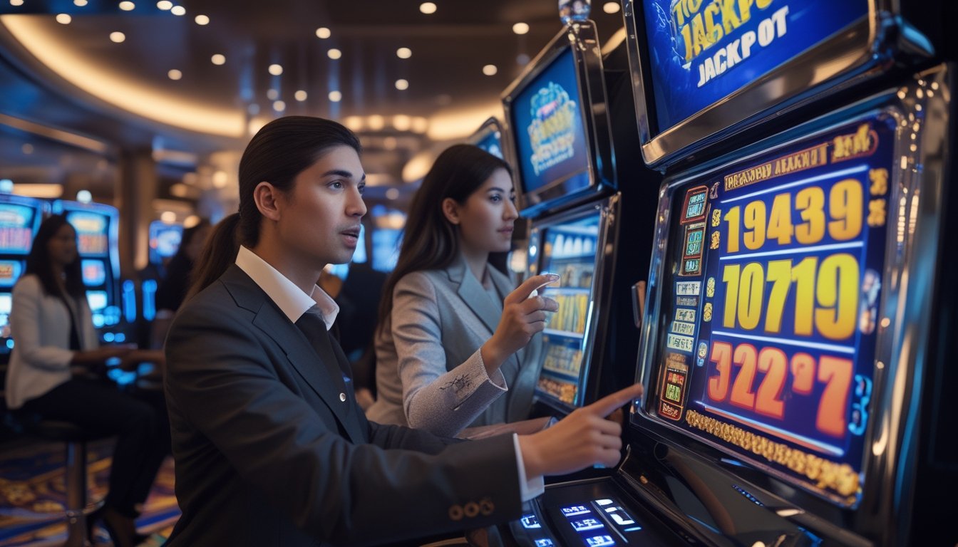 Orang-orang bermain mesin slot di kasino dengan layar jackpot progresif yang menyala, menunjukkan suasana penuh antisipasi.