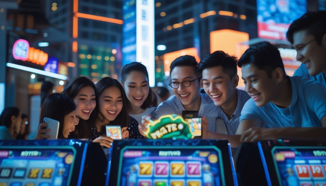 Sekelompok orang muda sedang bermain permainan slot digital di sebuah kota modern di Indonesia dengan suasana yang ramai dan penuh kegembiraan.