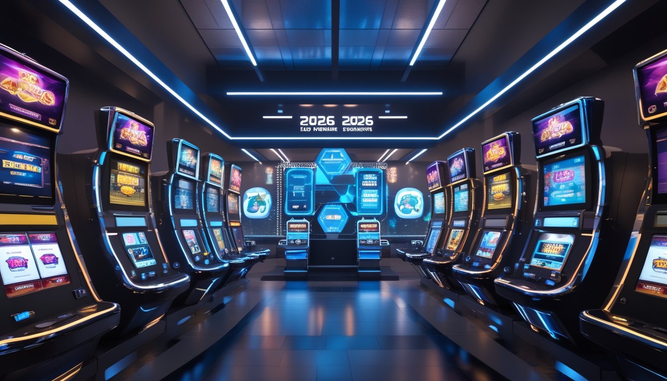 Suasana kasino modern dengan mesin slot berteknologi tinggi dan layar digital yang menampilkan grafis dan fitur canggih.