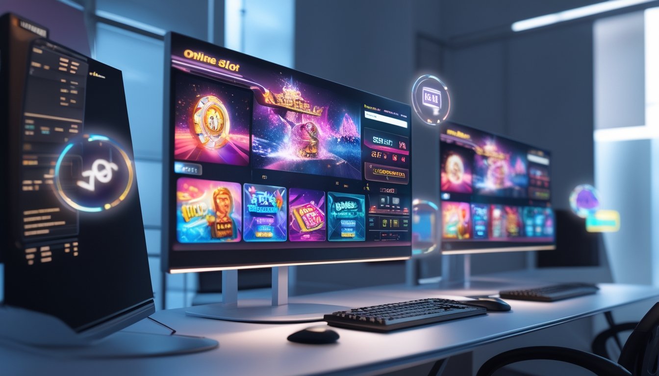 Sebuah ruang kerja modern dengan komputer dan layar yang menampilkan grafik permainan slot online berwarna-warni dan fitur digital.
