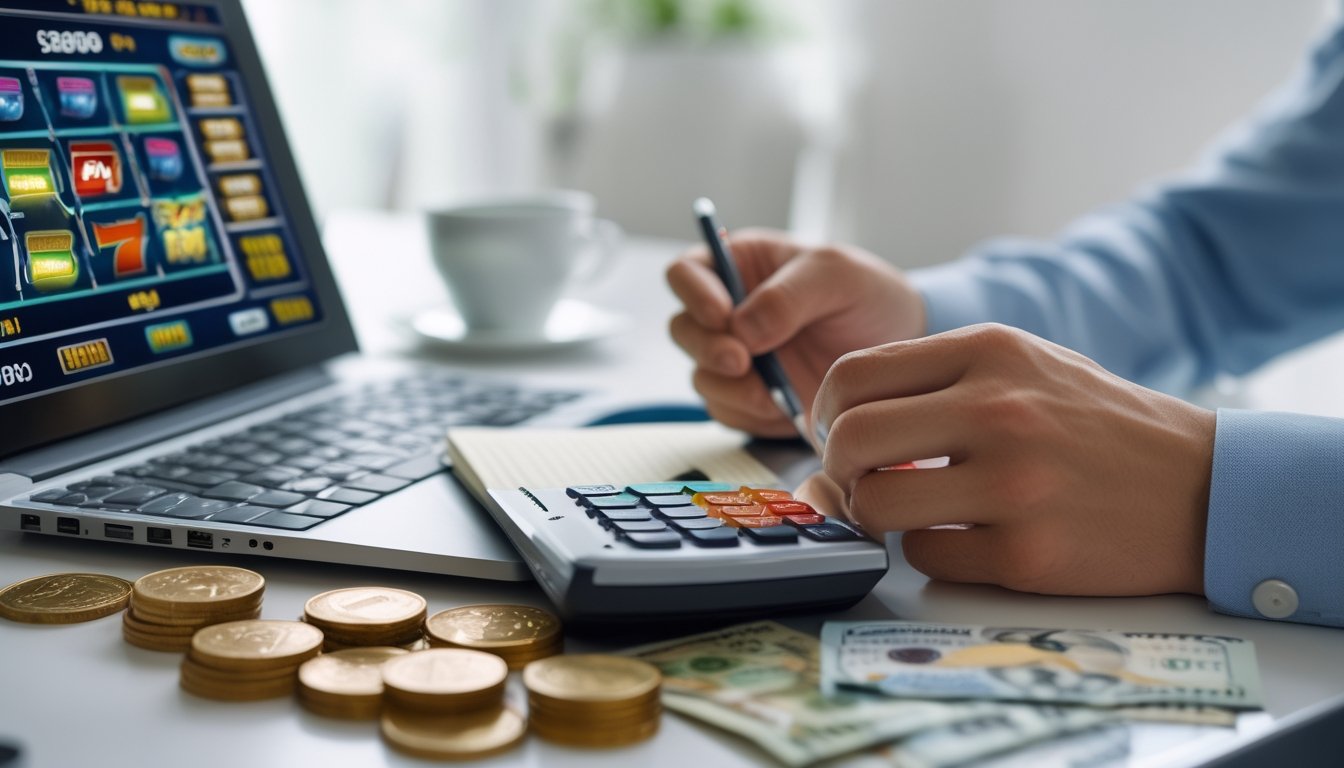 Seseorang sedang mengelola anggaran saat bermain slot dengan laptop dan mencatat di meja yang rapi.