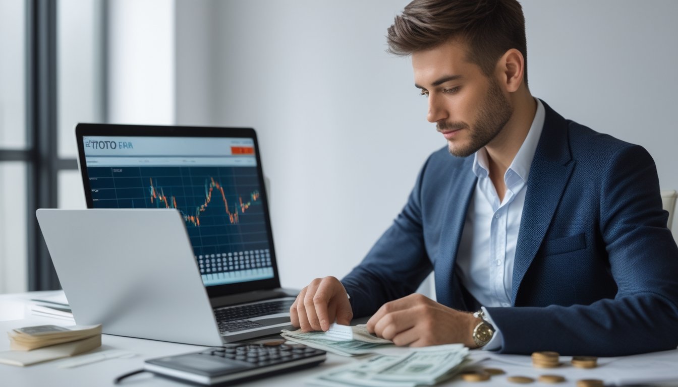 Seseorang sedang mengelola keuangan dengan laptop, kalkulator, dan uang di atas meja sebelum bermain Toto Slot.