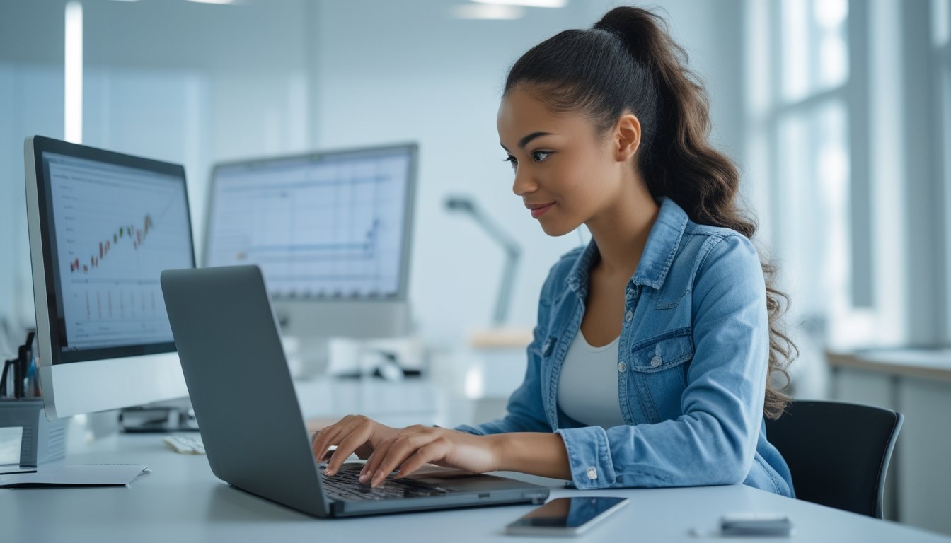 Seorang wanita muda duduk di meja kantor modern menggunakan laptop dengan ponsel dan buku catatan di dekatnya.