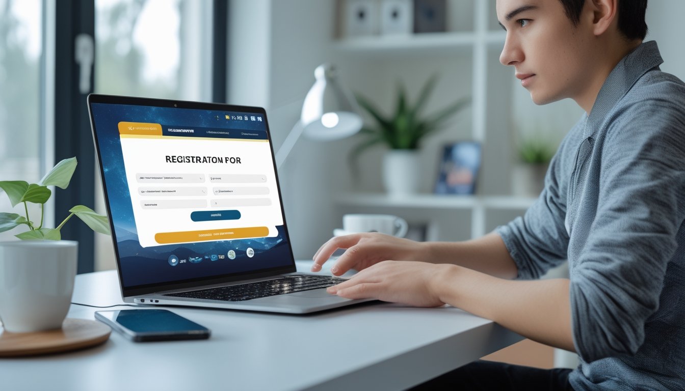 Seseorang sedang mendaftar akun online resmi dan aman menggunakan laptop di ruang kerja yang terang dan rapi.
