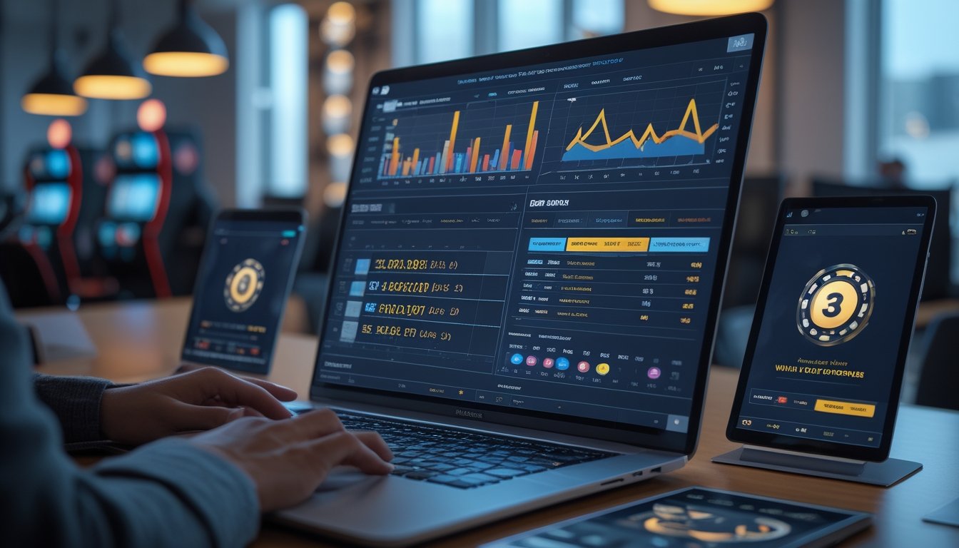 Seseorang sedang menganalisis grafik dan data pada laptop dan tablet di ruang kerja modern yang terang.