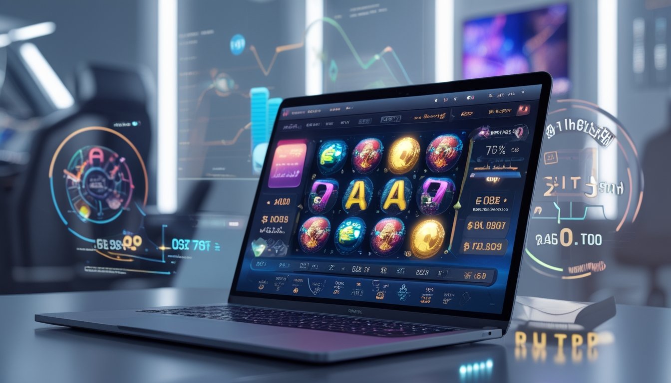 Sebuah meja kerja dengan komputer yang menampilkan grafik permainan slot dan statistik RTP, dikelilingi oleh grafik dan angka analisis data.