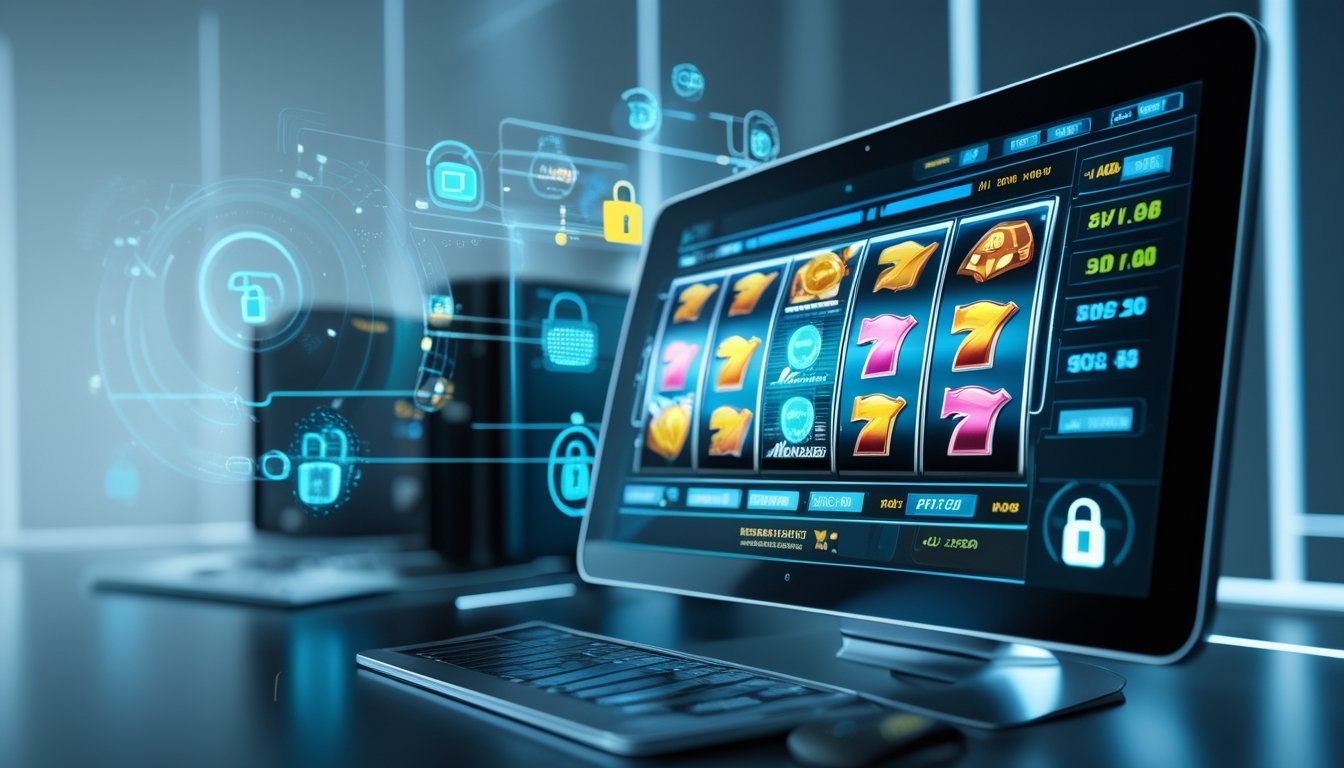 Layar perangkat digital menampilkan permainan mesin slot dengan simbol keamanan seperti ikon gembok dan perisai di latar belakang.