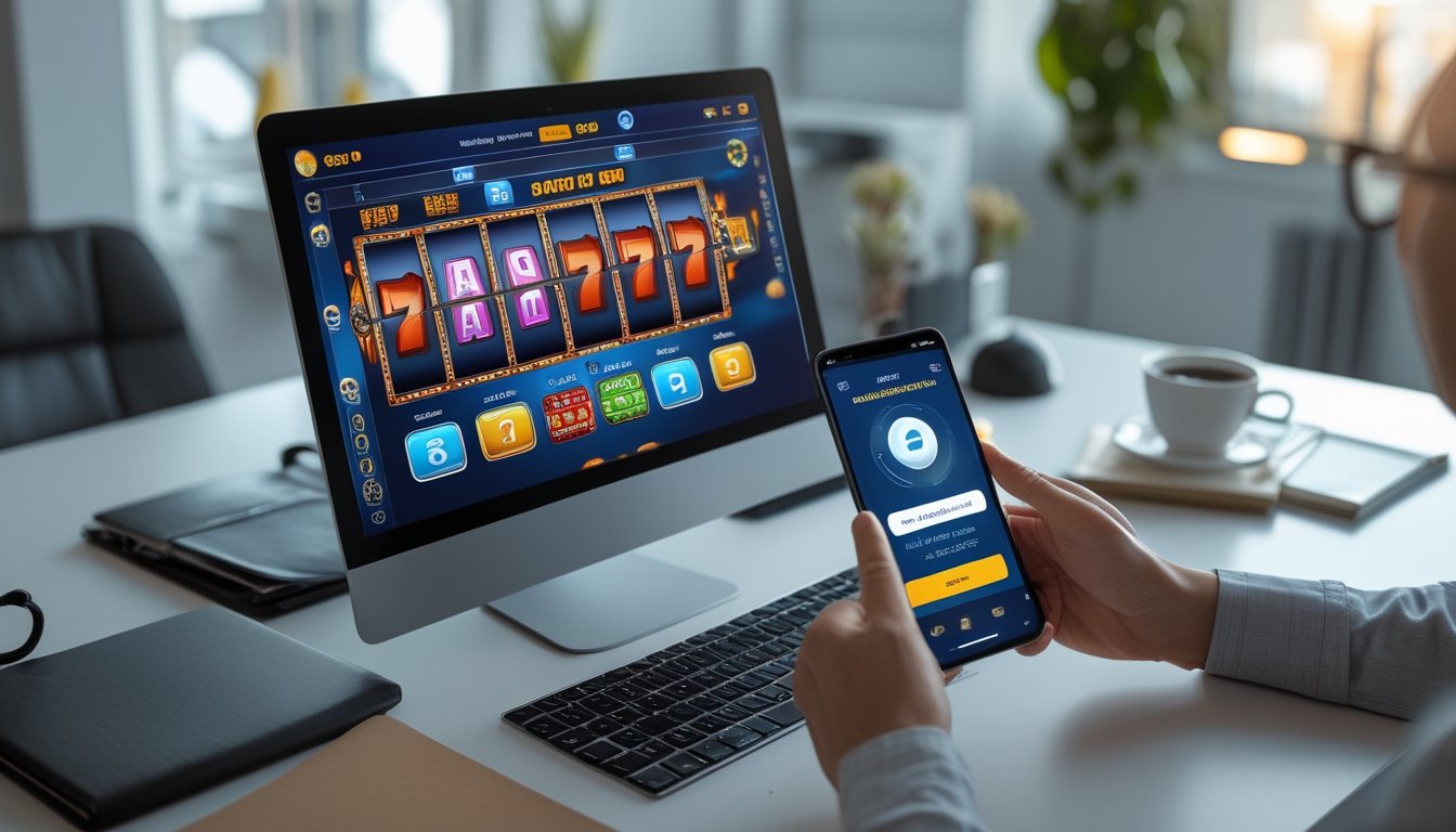 Seseorang menggunakan laptop dan ponsel untuk bermain slot online dengan tampilan transaksi pembayaran cepat di lingkungan yang rapi dan profesional.