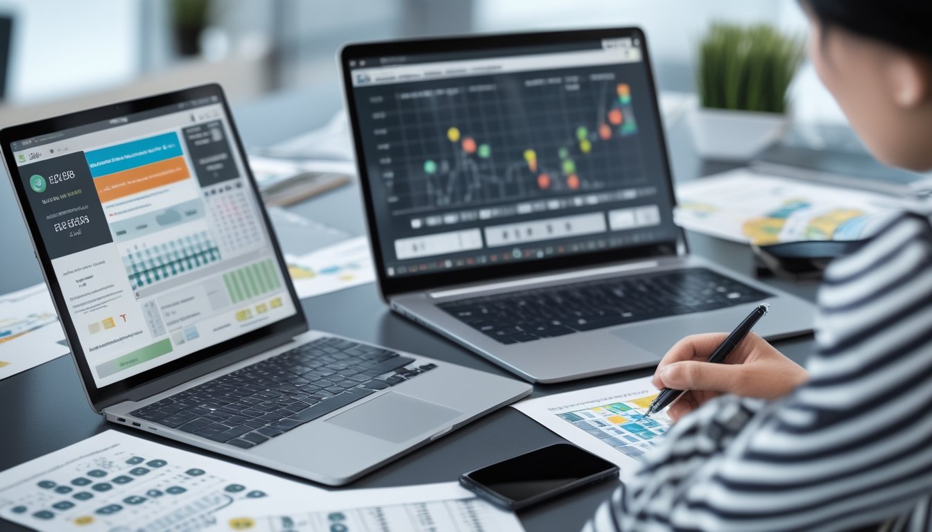 Seorang pria duduk di meja kerja dengan laptop dan kertas berisi data angka, sedang menganalisis pola dan strategi bermain togel.