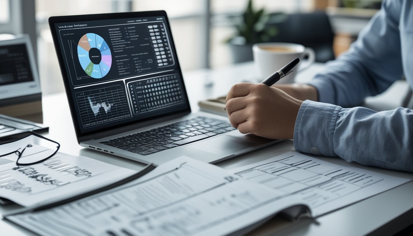 Meja kerja dengan laptop dan kertas berisi data angka, seseorang sedang menganalisis pola dan strategi togel.