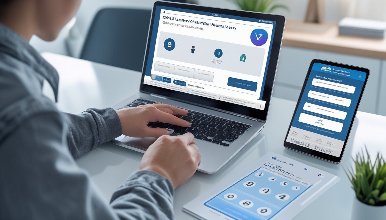 Seseorang menggunakan laptop dan ponsel untuk bermain togel online di meja kerja yang rapi.