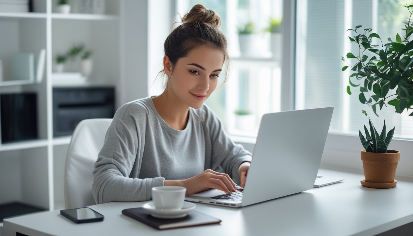 Seorang wanita muda duduk di meja kerja modern sedang membuat akun baru di laptop dengan latar ruang kerja rumah yang terang dan rapi.