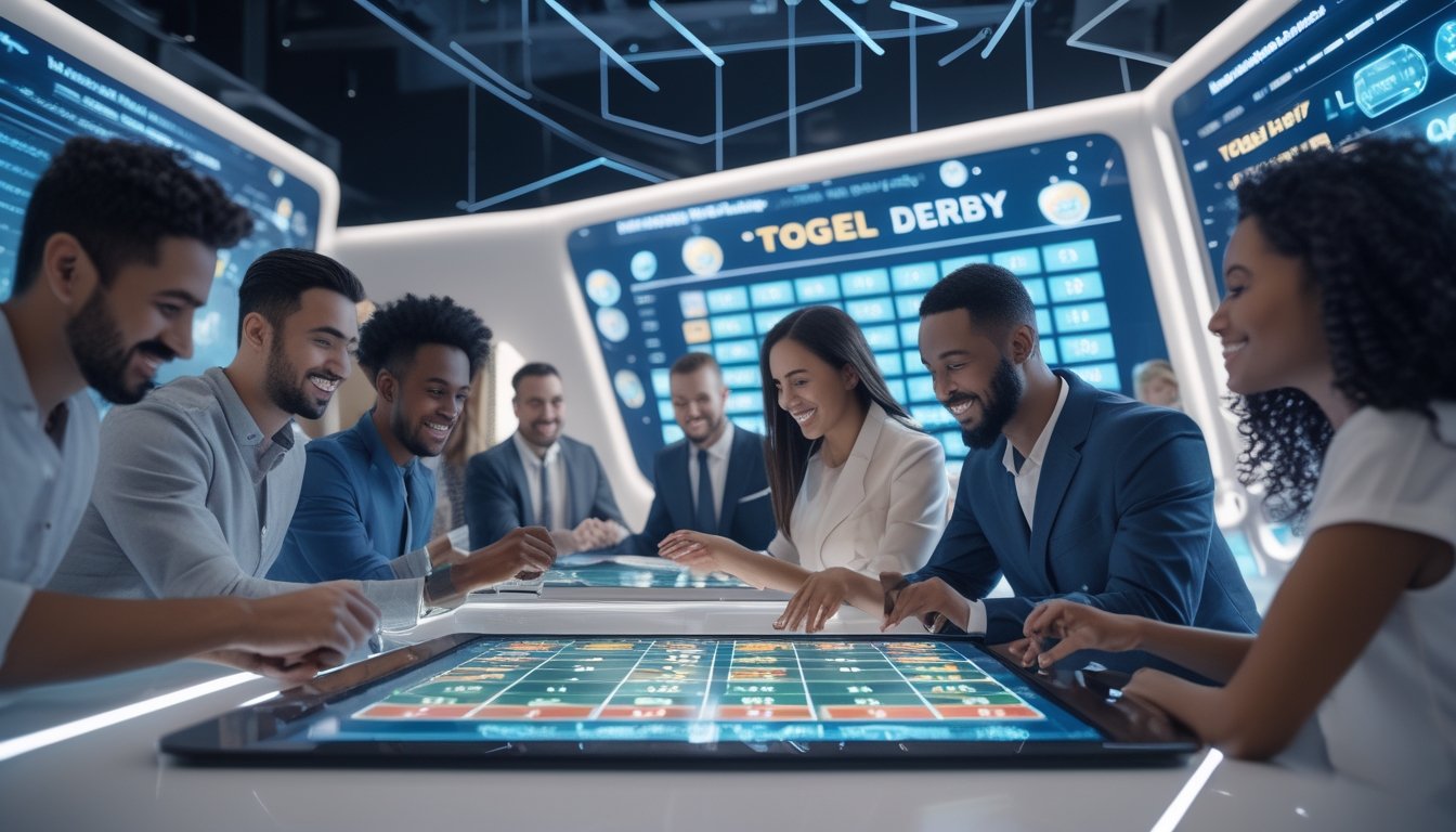 Sekelompok orang bermain permainan lotre digital Togel Derby di ruang modern dengan layar interaktif dan suasana ceria.