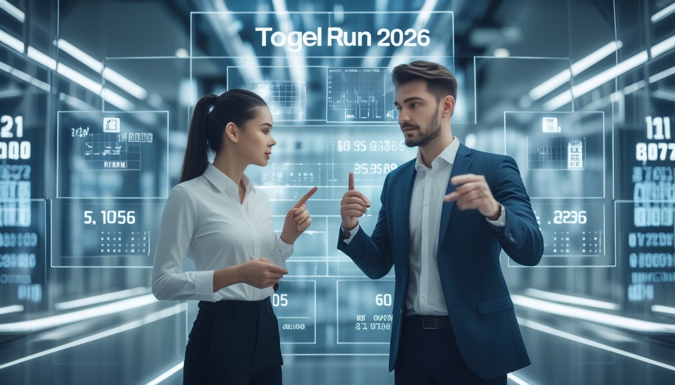 Dua orang muda sedang menganalisis data angka dan grafik di layar digital transparan dalam ruangan kantor modern.