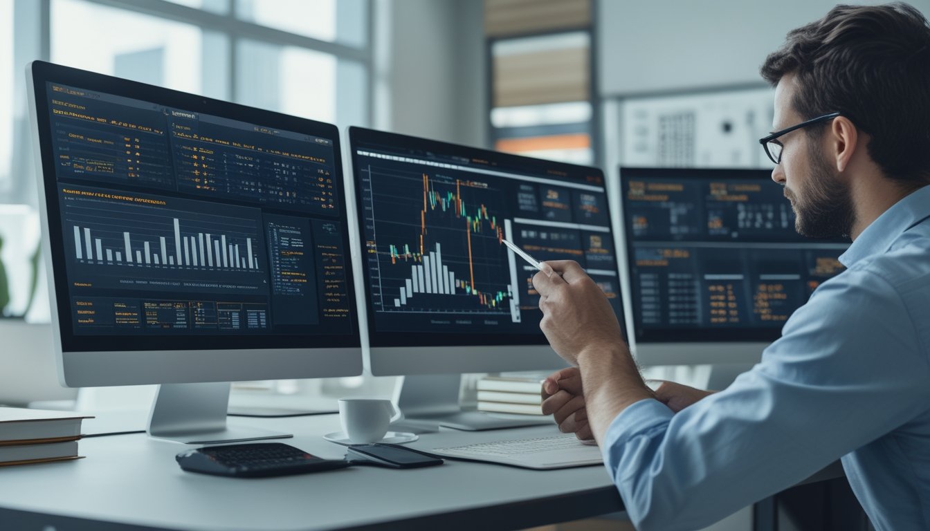 Seorang profesional sedang menganalisis data statistik di depan beberapa layar komputer di ruang kantor yang terang dan rapi.