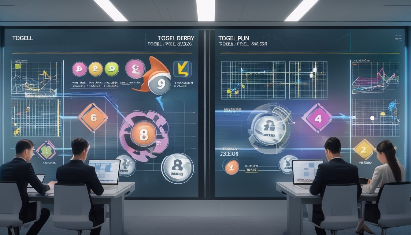 Seorang profesional sedang menganalisis data lotere di kantor modern dengan layar digital besar yang menampilkan grafik dan simbol terkait Togel Derby dan Togel Run.