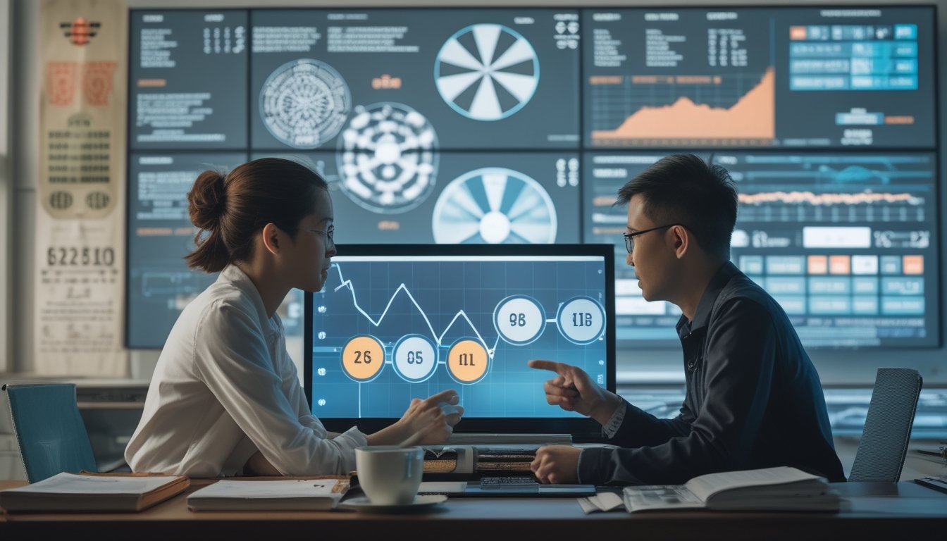 Dua orang sedang berdiskusi di depan layar digital dengan grafik dan dokumen terkait togel di sebuah ruang kerja modern.