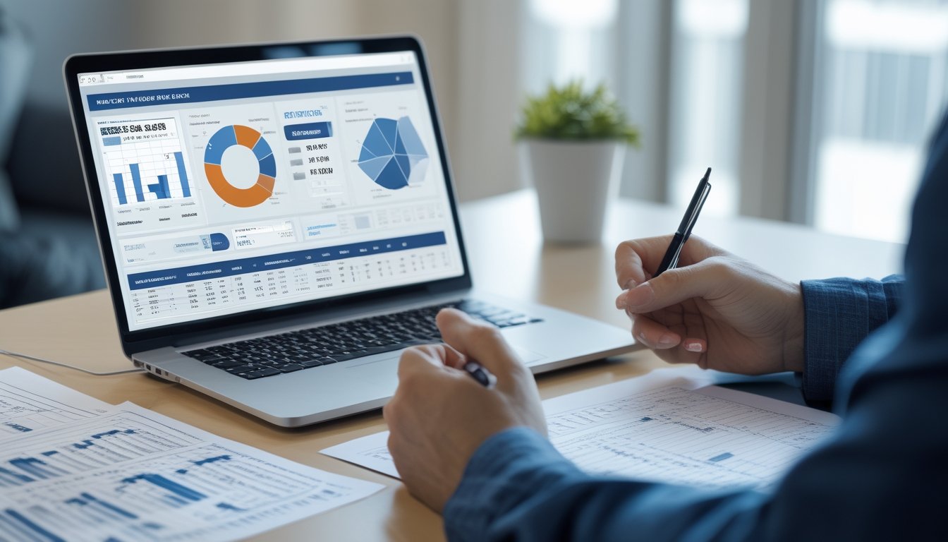 Meja kerja dengan laptop menampilkan grafik dan data angka, tangan seseorang sedang mencatat dan menunjuk layar.