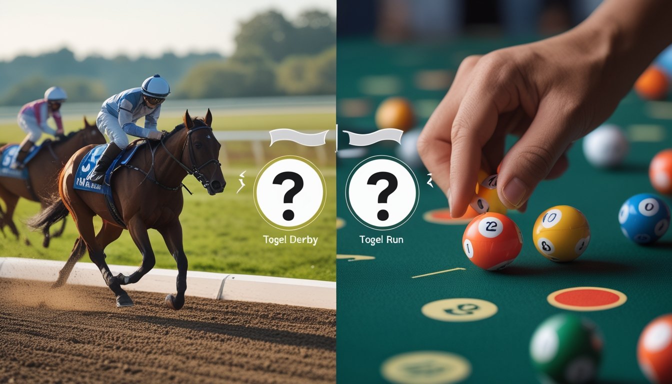 Gambar terbagi dua yang menunjukkan perlombaan kuda di satu sisi dan bola lotere yang bergerak cepat di sisi lain, melambangkan perbandingan antara Togel Derby dan Togel Run.