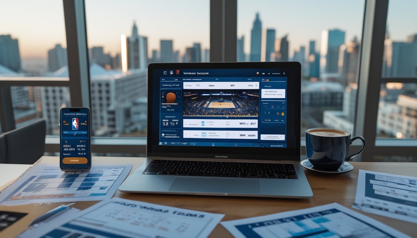 Meja kerja dengan laptop, ponsel menampilkan pertandingan NBA, dan catatan strategi taruhan NBA.