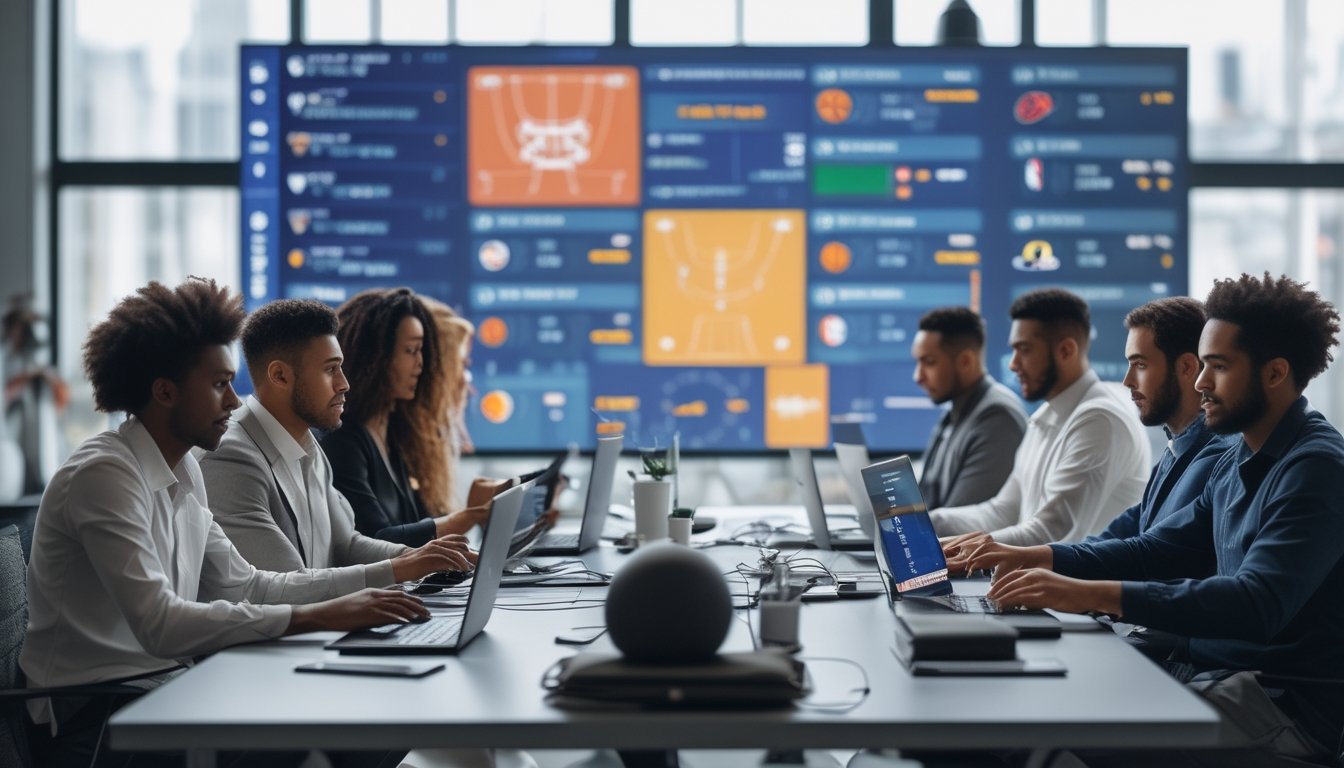 Sekelompok analis bekerja bersama di kantor modern dengan layar menampilkan statistik dan grafik tim NBA untuk tahun 2026.