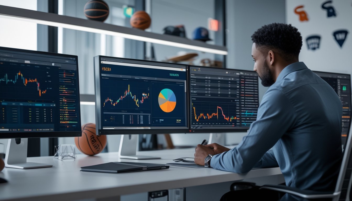 Seorang analis sedang melihat data statistik performa tim NBA di depan beberapa monitor komputer di ruang kantor modern.