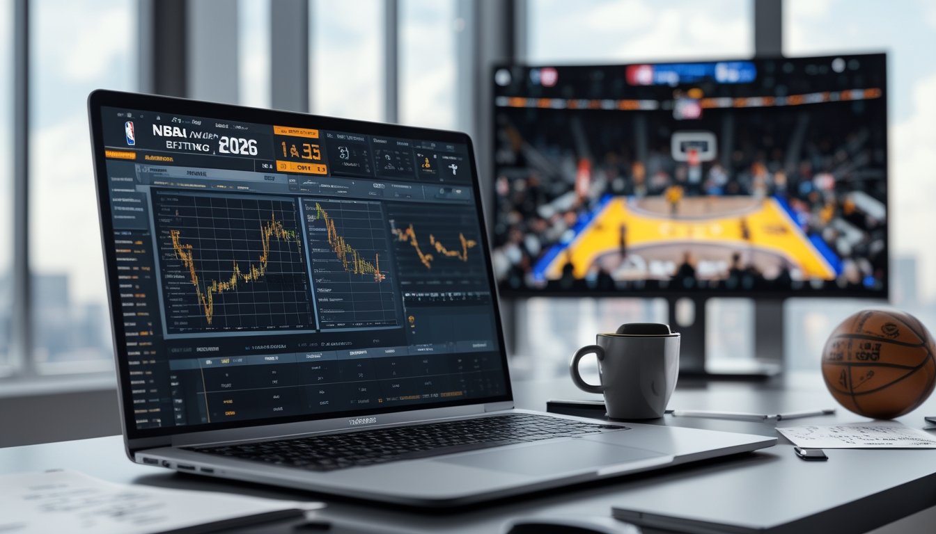 Meja kerja modern dengan laptop yang menampilkan statistik taruhan NBA dan bola basket di sampingnya.