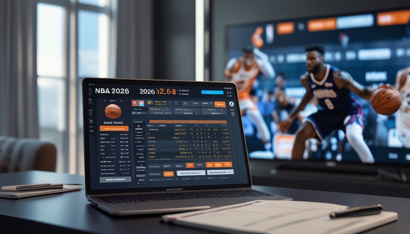 Seorang pria sedang menganalisis peluang taruhan NBA dengan layar komputer dan televisi yang menampilkan pertandingan bola basket.