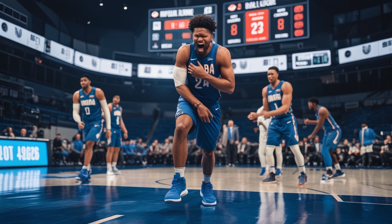 Seorang pemain basket terlihat cedera di lapangan saat pertandingan NBA berlangsung, dengan rekan satu tim dan pelatih menunjukkan kekhawatiran di pinggir lapangan.