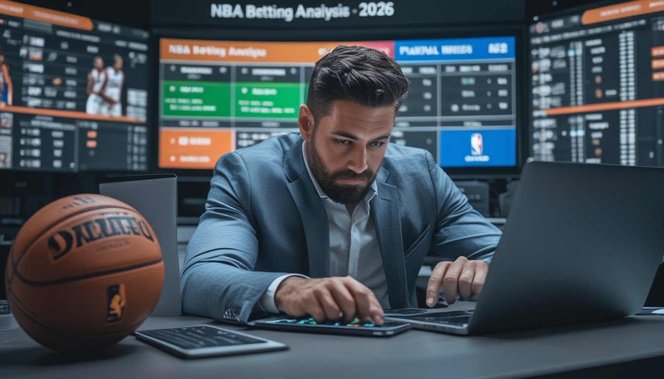 Seorang analis olahraga sedang memeriksa data cedera pemain NBA di kantor modern dengan layar komputer dan papan digital di belakangnya.