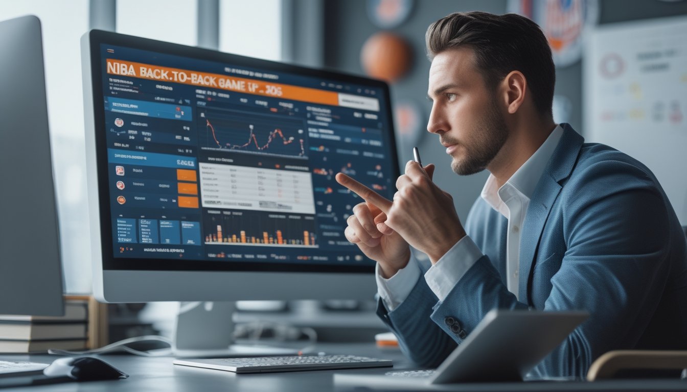 Seorang analis sedang memeriksa statistik dan jadwal pertandingan NBA di kantor modern.