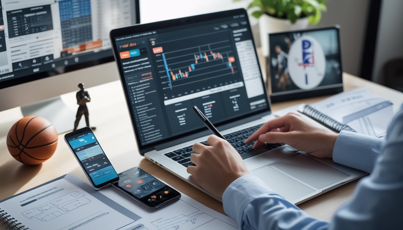 Meja kerja dengan laptop, ponsel, dokumen keuangan, dan tangan seseorang yang sedang membuat catatan strategi taruhan NBA 2026.