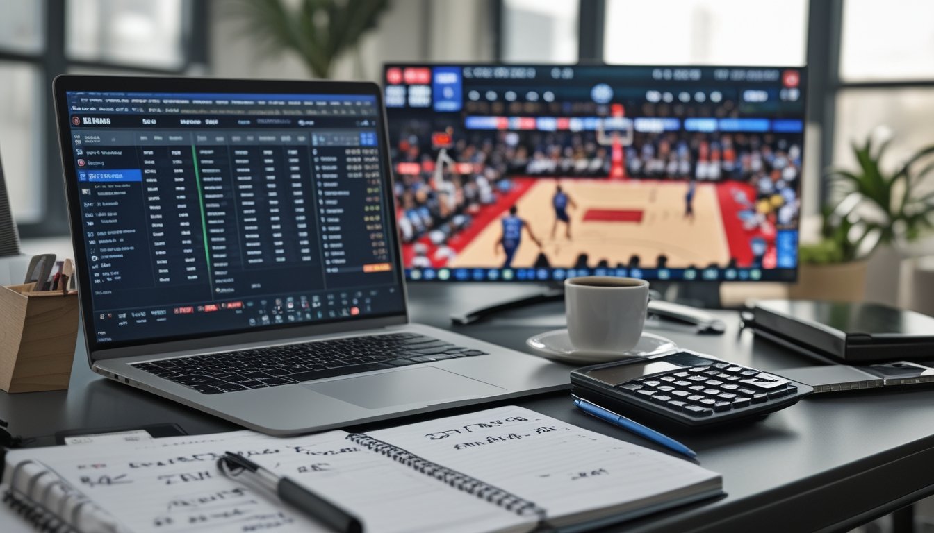 Meja kerja dengan laptop menampilkan statistik pertandingan NBA, catatan strategi taruhan, kalkulator, dan televisi yang menayangkan pertandingan NBA secara langsung.