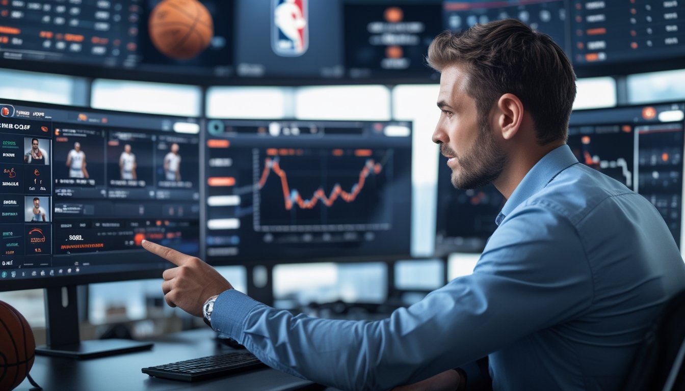 Seorang analis olahraga sedang melihat data pemain NBA dan peluang taruhan di ruang kerja modern dengan beberapa layar komputer.
