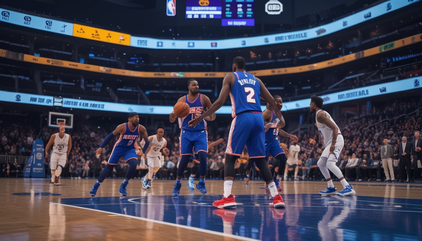 Beberapa pemain NBA sedang bermain di lapangan basket dengan penonton ramai di arena indoor.