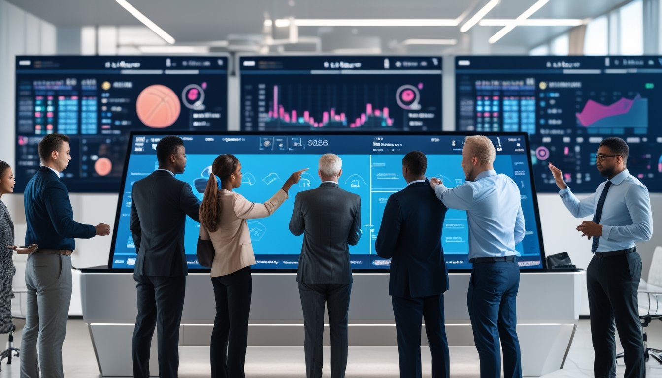 Sekelompok profesional sedang berdiskusi di kantor modern dengan layar digital besar yang menampilkan data dan statistik terkait prediksi taruhan NBA 2026.